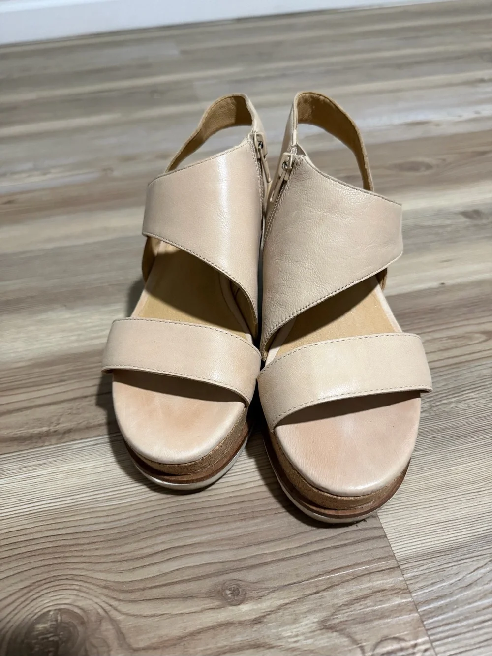 Lucky Brand Beige Leather Wedge Sandals